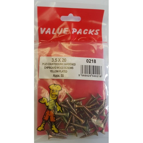 Fastpak Yellow Zinc Plated Countersunk Pozi Chipboard Screws - 3.5 x 20mm Fastpak Yellow Zinc Plated Countersunk Pozi Chipboard Screws - 3.5 x 20mm